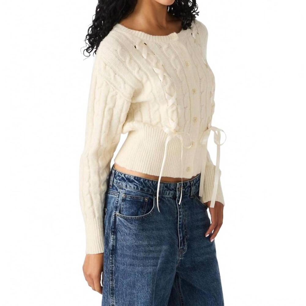 NEW STEVE MADDEN saidee cable ribbon cardigan in cream - Picture 3 of 4